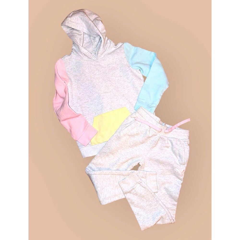 PUMA Girls 2-Piece Hoodie & Pants Set Colorblock Gray/Pink/Blue/Yellow L 14-16